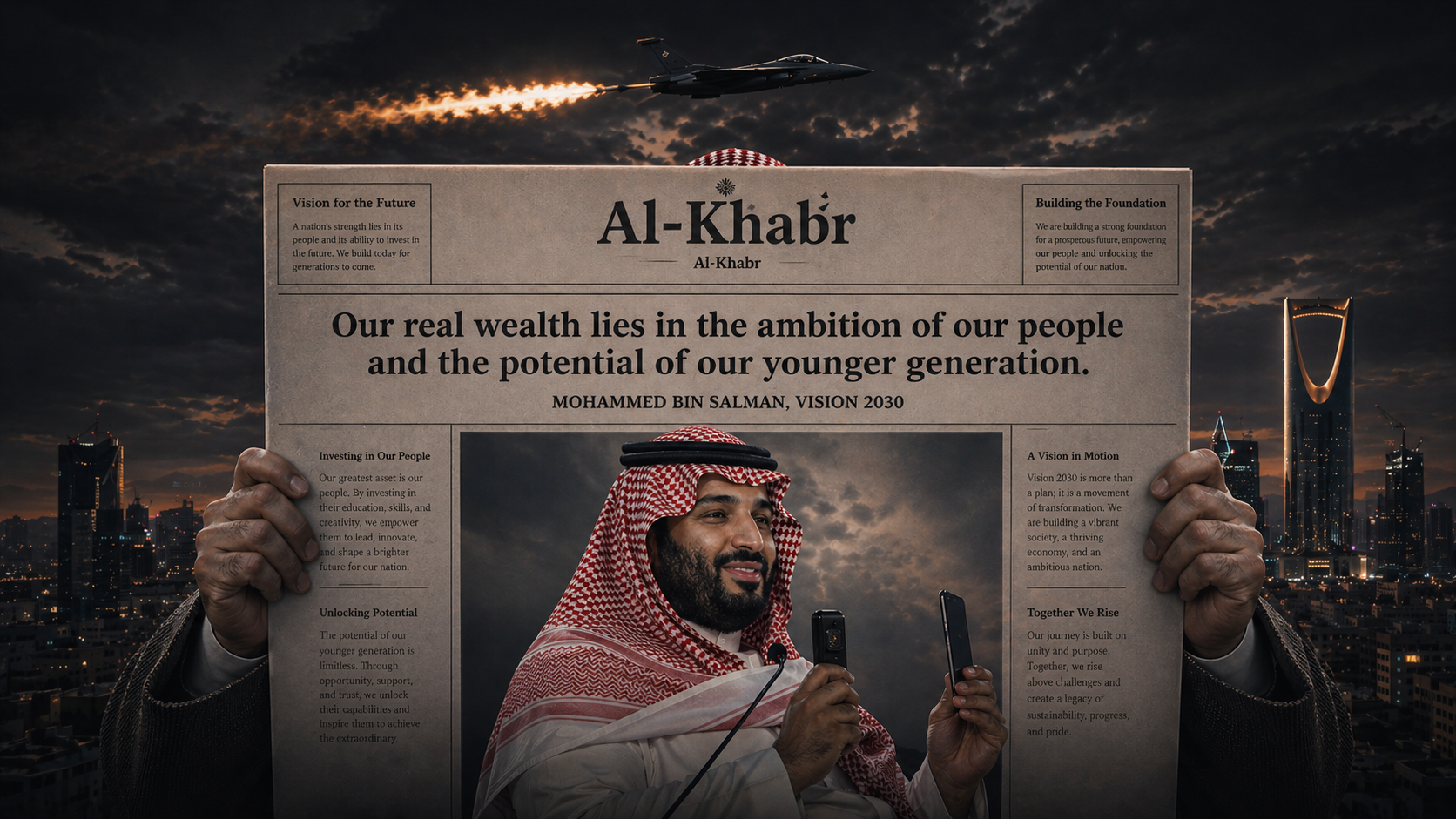 English newspaper-style visual about Saudi ambition and the potential of the younger generation