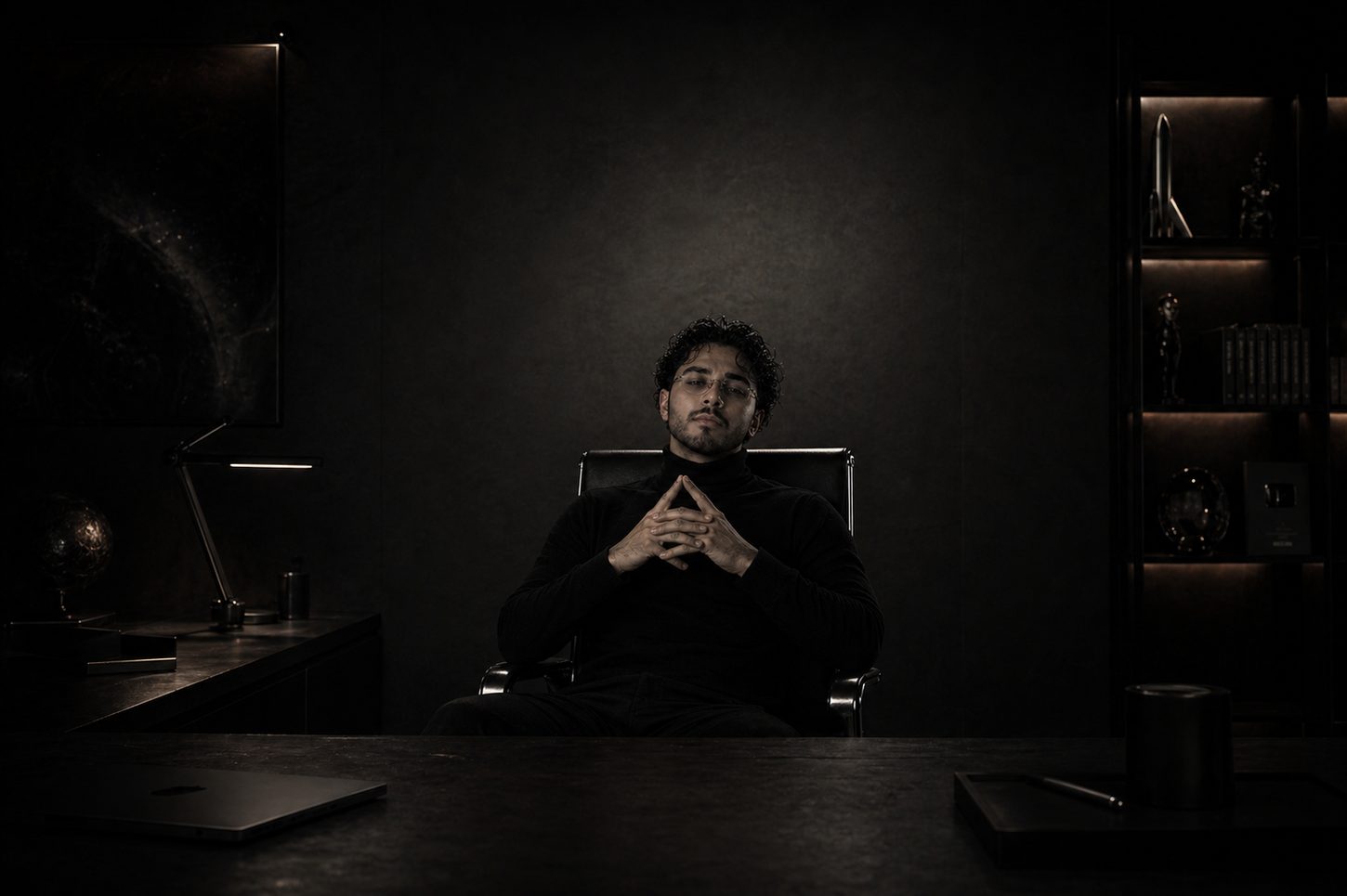 Omar Al Sumih in a dark studio portrait with a technical privacy plate